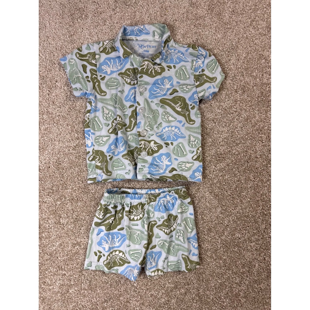 Mon Petit Boys 18M Dinosaur Skeleton Pajama Set Blue Green Button Down 2pc